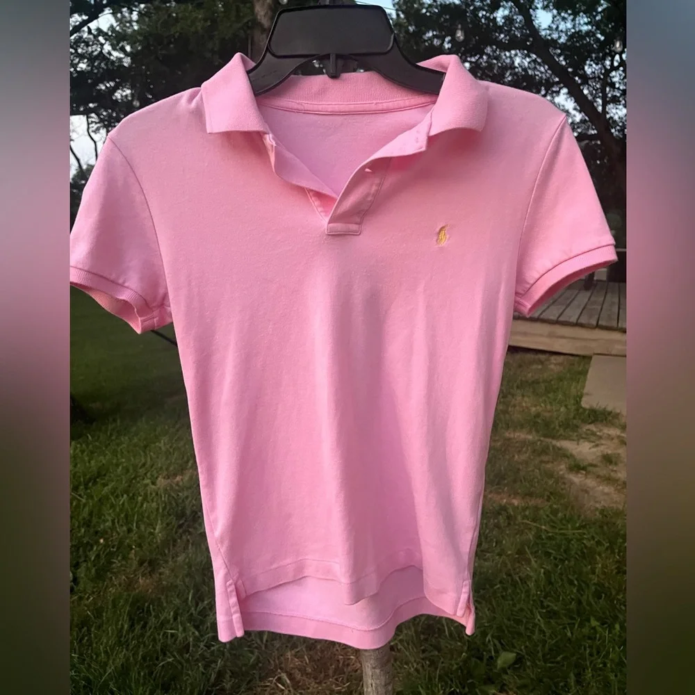 Ralph Lauren Pink Polo Buttoned Collared Shirt Yellow Logo Emblem Girls 14-16